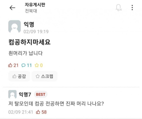 탈모인데 컴공 전공하면 진짜 머리 나나여? ㅋㅋ